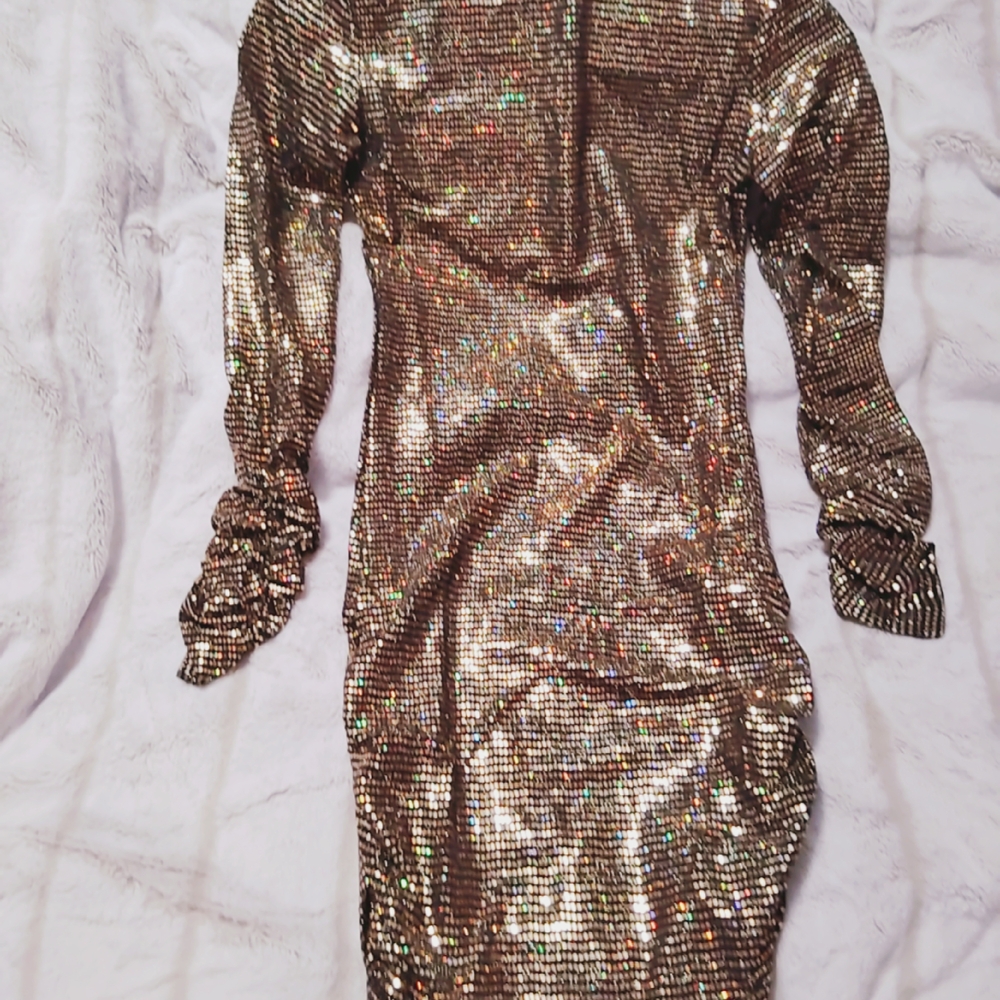 Gold Embellished Bodycon Dress with Long Bishop Sleeves for Night Out